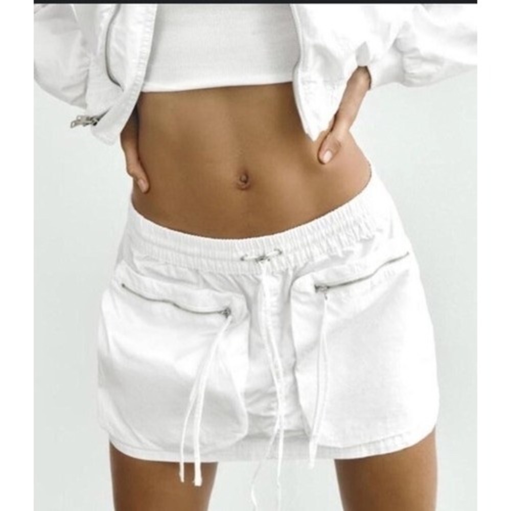 Zara White Cargo Mini Skirt Elastic Waist Utility Gorpcore Pockets Large